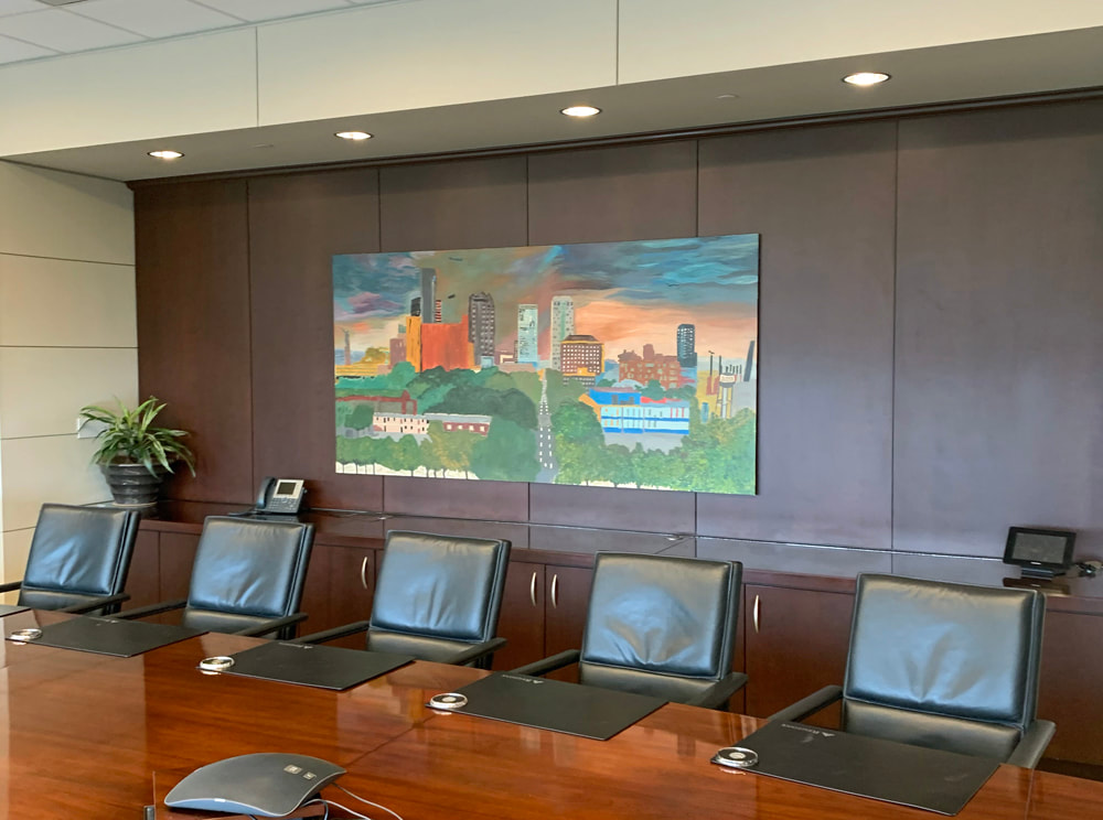 Close-up of detailed brushwork on a group mural canvas