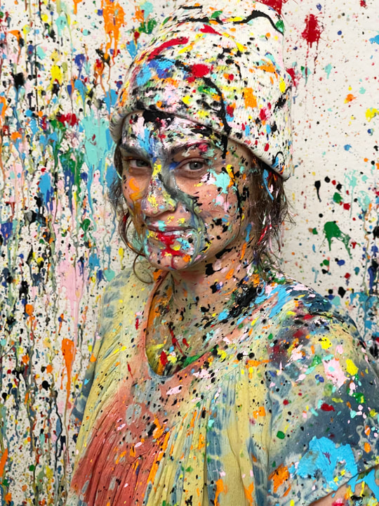 Hand-splattered beanie — black with multi-color paint pattern